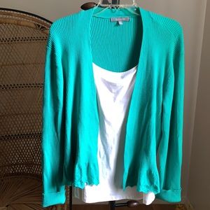 Emerald Open Front Cardigan with Scalloped Trim